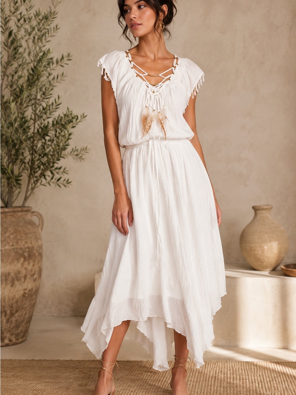 Rebecca Taylor White Necklace Dress Size 6 Boho Feather Trim Midi NWT